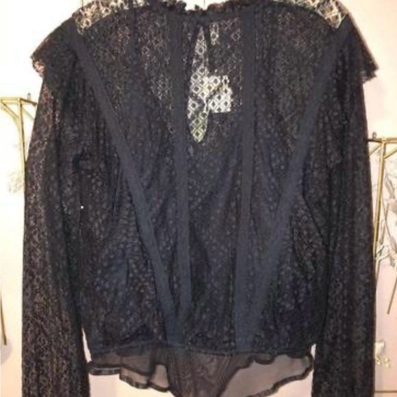 Free People Black Ruffle Lace Bodysuit, S. internal cami, sheer bottom. EUC - Picture 3 of 5